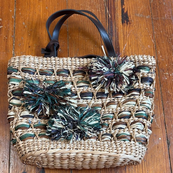 Anne Klein Stylish Woven Straw Tote Bag Brown Green Leather Handle - Picture 1 of 5